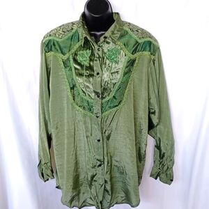 Phool Vintage Button Down Top, Lace, velvet, applique, shoulder pads, M, western